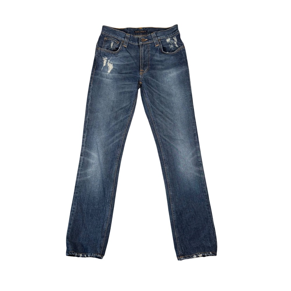 Nudie Jeans Co Mens 31x34 Distressed Thin Finn Blue Organic Cotton Denim Jeans